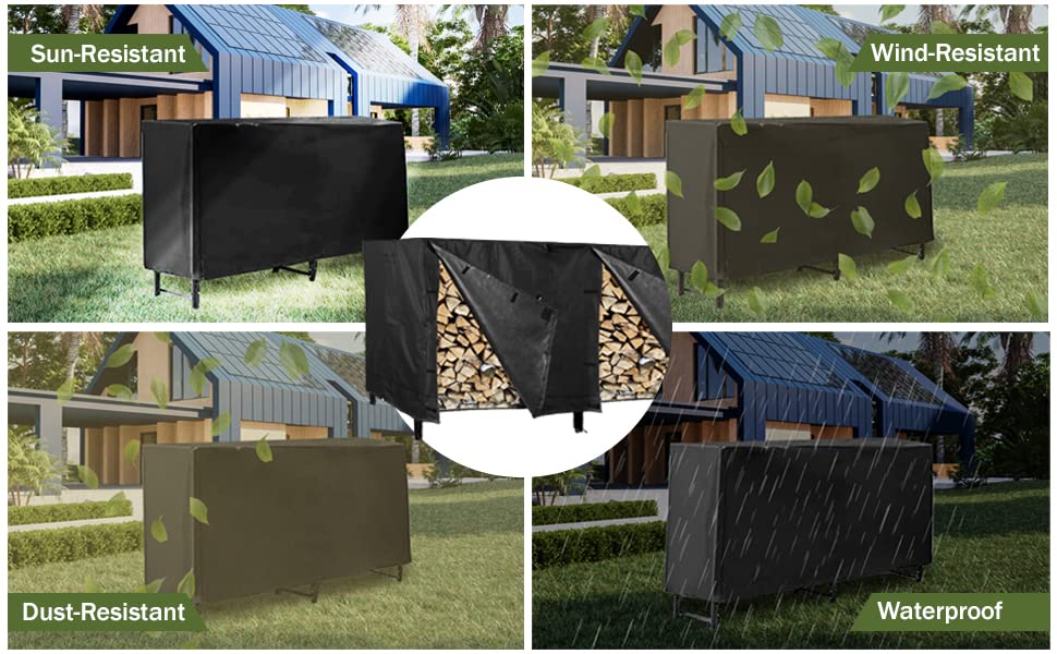 Gardeny Firewood Rack Cover 8 Feet, Waterproof Log Rack 600D Oxford Fabric Cover, Heavy Duty Wood Rack Covering, All Weather Protection, Wood Holder Cover Woodpile Shelter, For Indoor & Outdoor Black