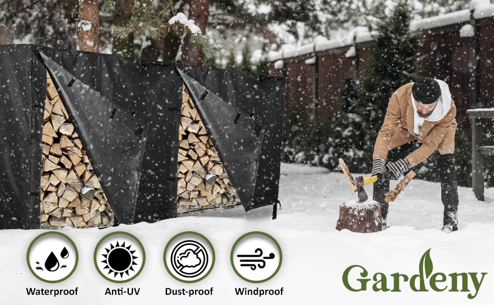 Gardeny Firewood Rack Cover 8 Feet, Waterproof Log Rack 600D Oxford Fabric Cover, Heavy Duty Wood Rack Covering, All Weather Protection, Wood Holder Cover Woodpile Shelter, For Indoor & Outdoor Black