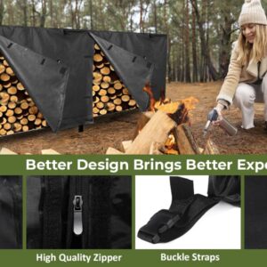 Gardeny Firewood Rack Cover 8 Feet, Waterproof Log Rack 600D Oxford Fabric Cover, Heavy Duty Wood Rack Covering, All Weather Protection, Wood Holder Cover Woodpile Shelter, For Indoor & Outdoor Black