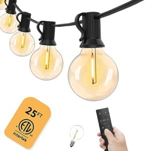 yuusei outdoor string lights with remote, 25ft dimmable led patio string light with 12+1 shatterproof g40 bulbs, ip45 waterproof linkable hanging lights for yard, bistro, porch,cafe,2500k warm white