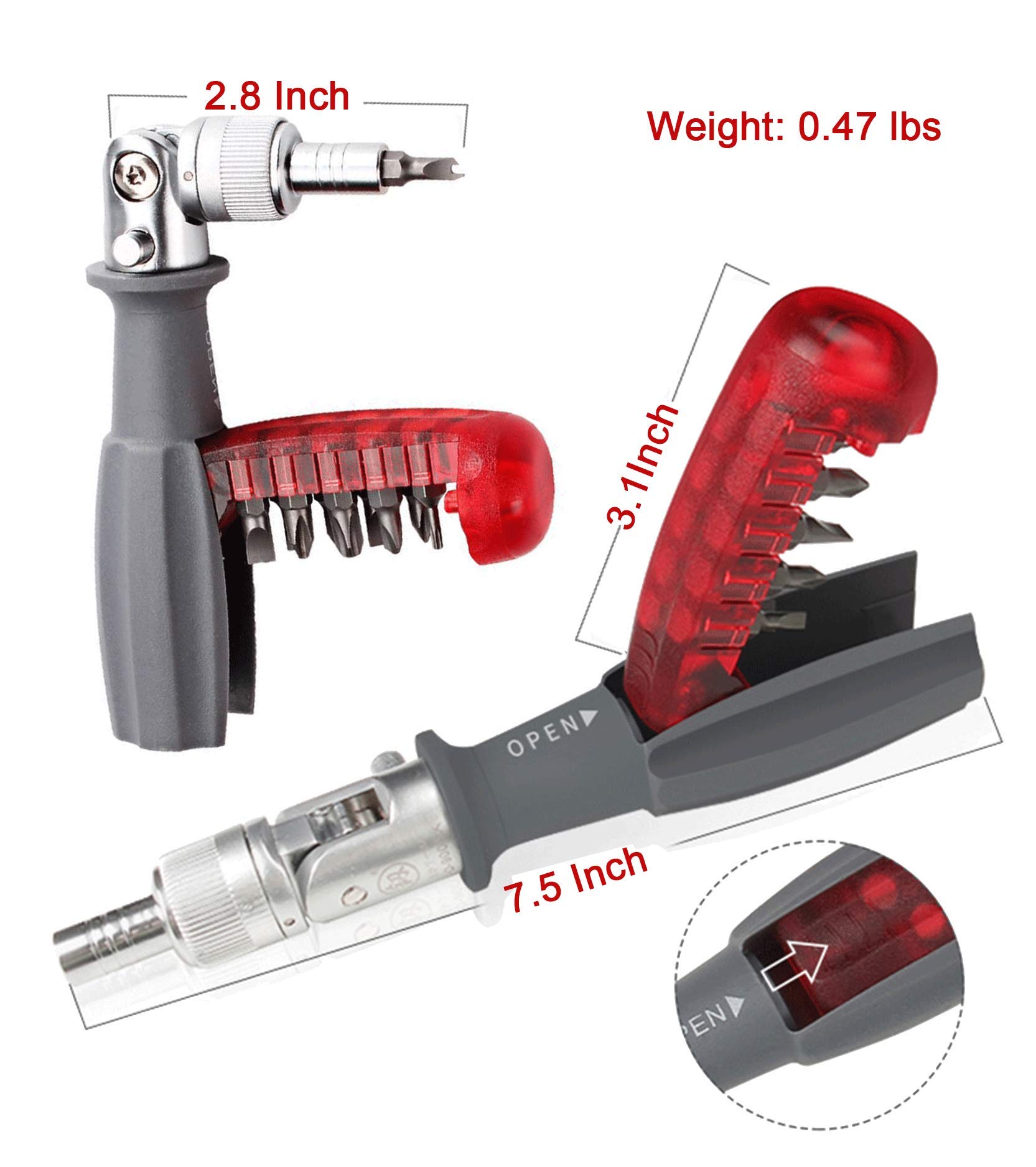 Deselen Ratcheting Screwdriver with Magnetic Bit Ratchet, Multi Bit Set, 10 in 1 Screwdriver Small Pocket Stubby Design, 1 Pack All in One Screwdriver (Red)