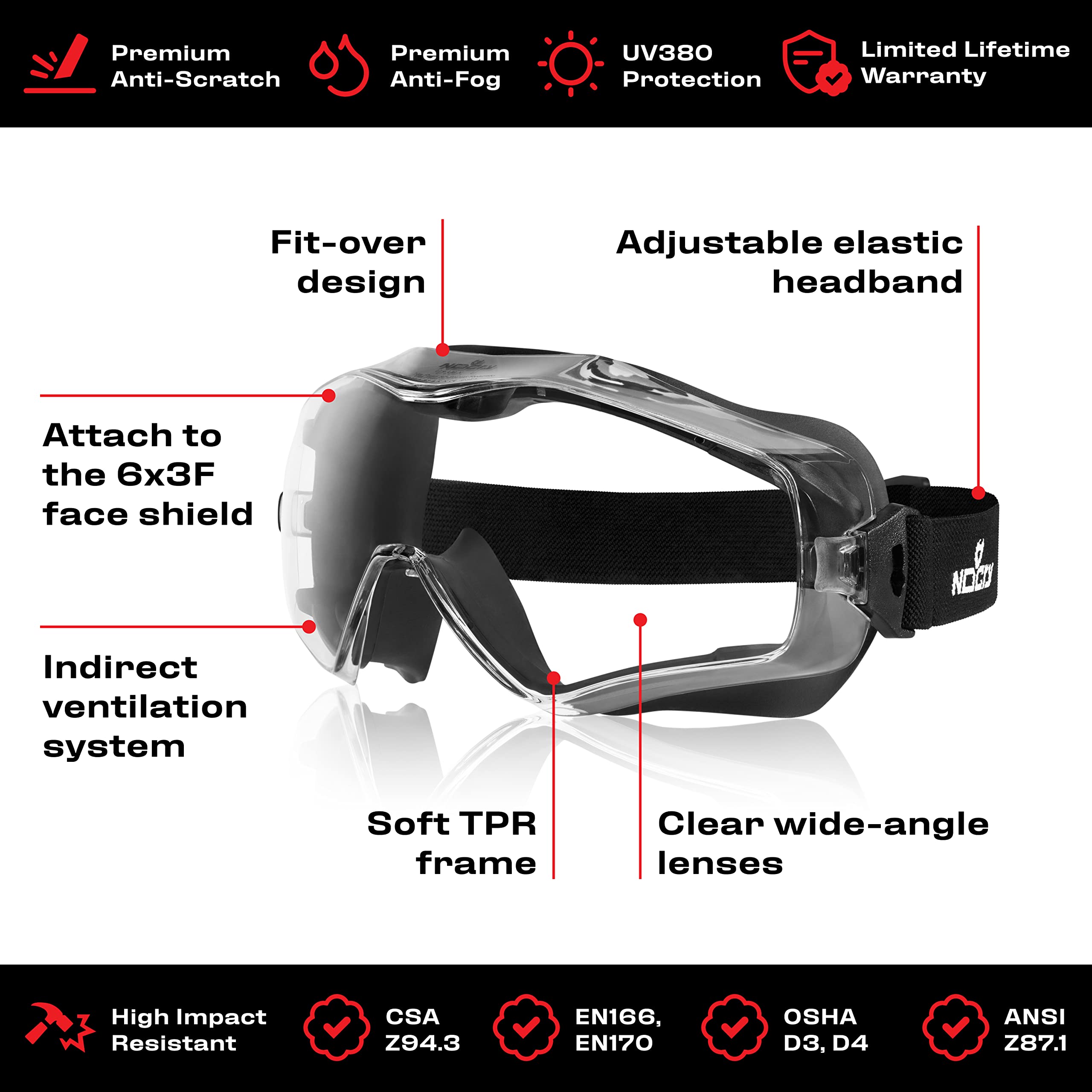 NoCry Safety Goggles Over Glasses for Men and Women; Anti Fog Scratch Resistant Men; Vented Lab with Extreme Impact Resistance; ANSI Z87.1 Certified