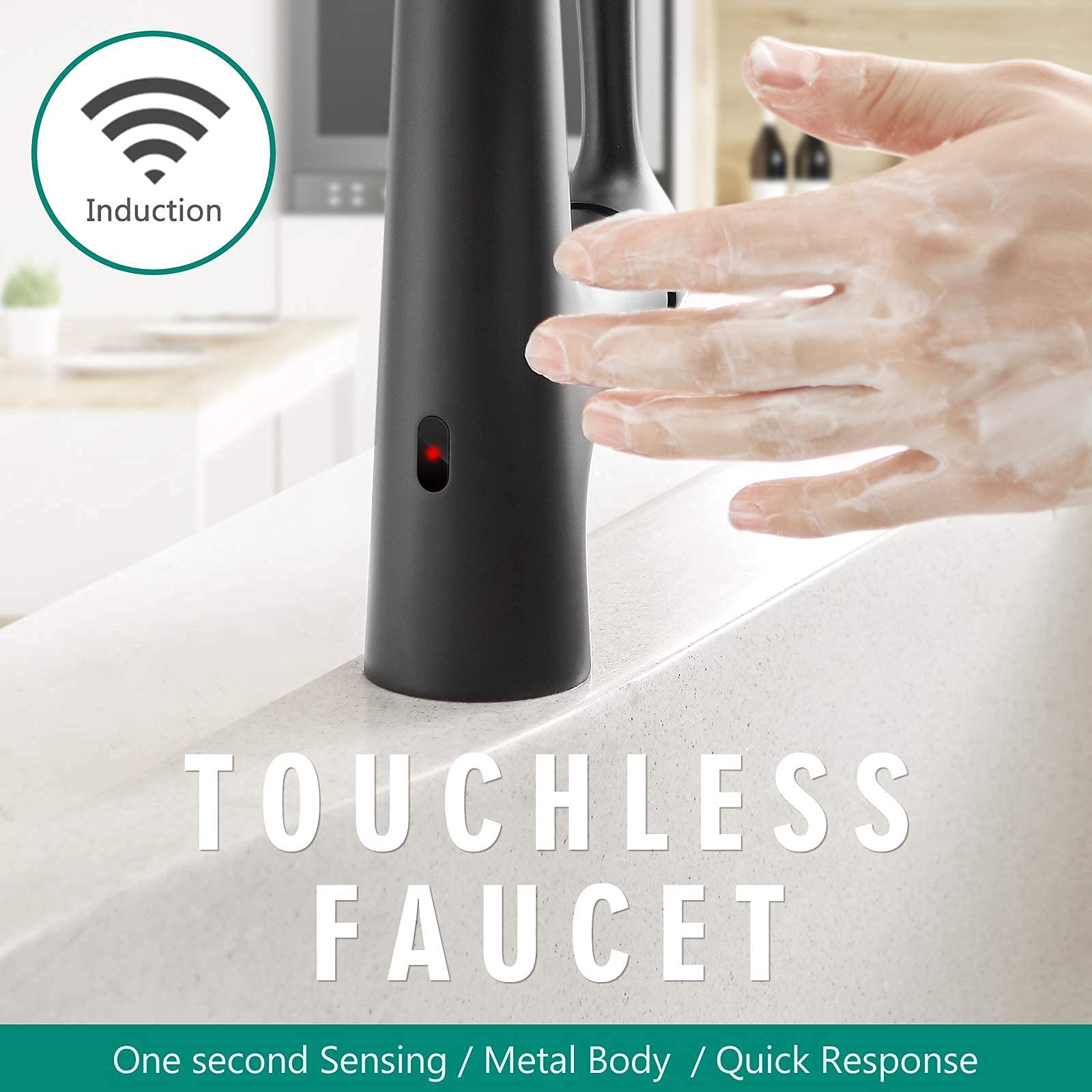 GIMILI Motion Sensor Activated Hands-Free Kitchen Sink Faucet with Soap Dispenser,Matte Black