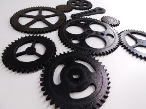 steampunk gears wall decor - eight gears, two push rods - 10 pieces - free shipping - wood gears