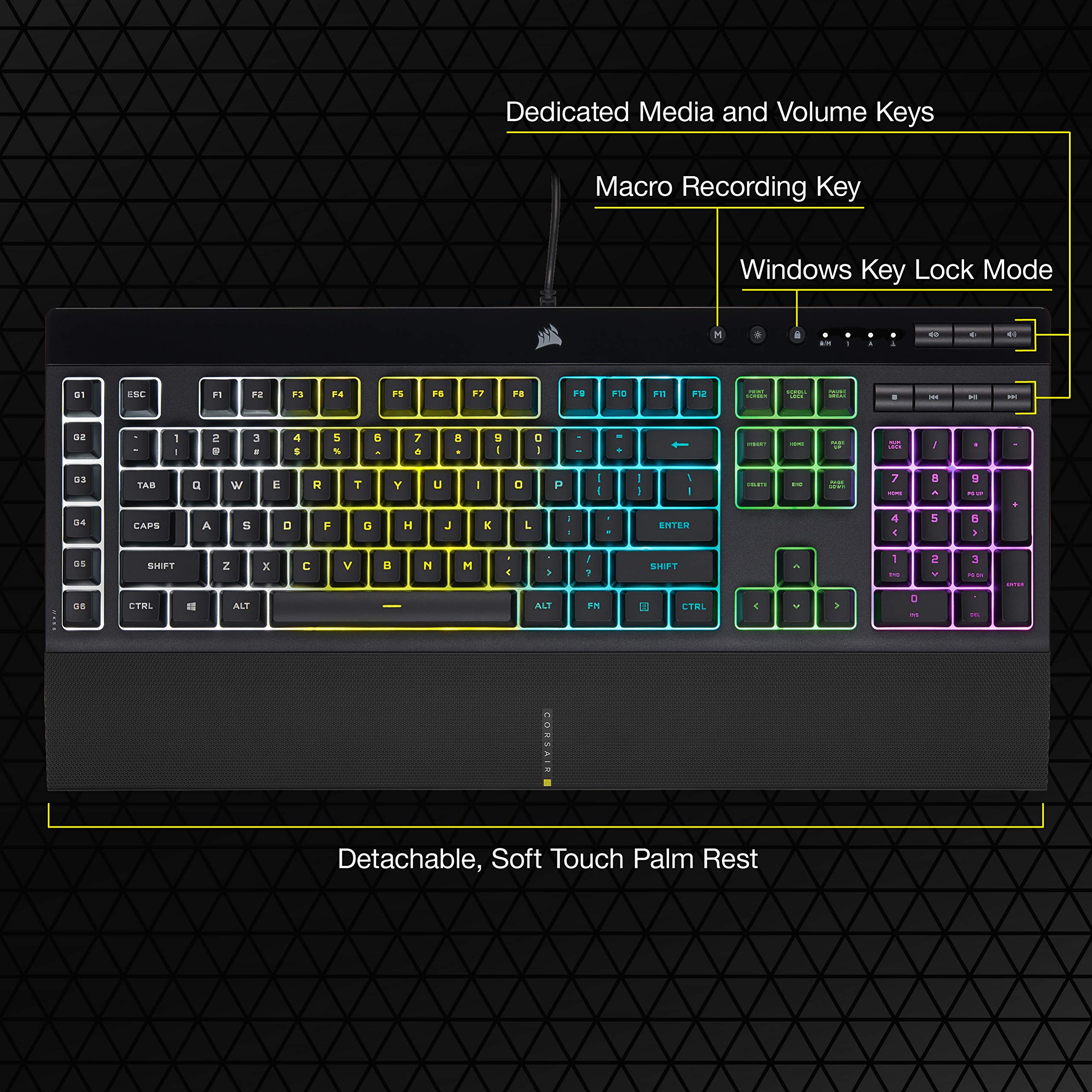 CORSAIR K55 RGB PRO-Dynamic RGB Backlighting - Six Macro Keys with Elgato Stream Deck Software Integration-IP42 Dust and Spill Resistant-Detachable Palm Rest-Dedicated Media and Volume Keys, Black