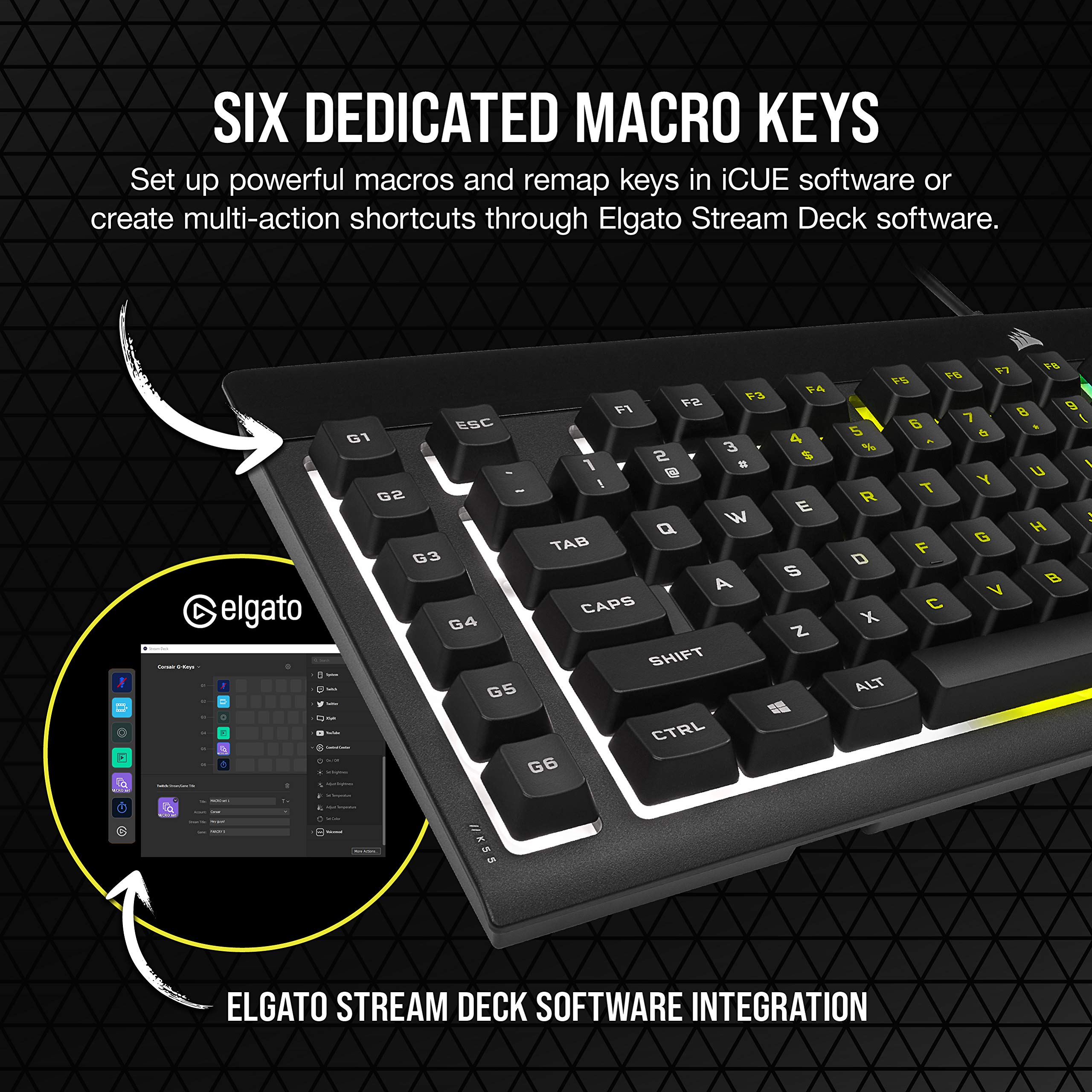 CORSAIR K55 RGB PRO-Dynamic RGB Backlighting - Six Macro Keys with Elgato Stream Deck Software Integration-IP42 Dust and Spill Resistant-Detachable Palm Rest-Dedicated Media and Volume Keys, Black