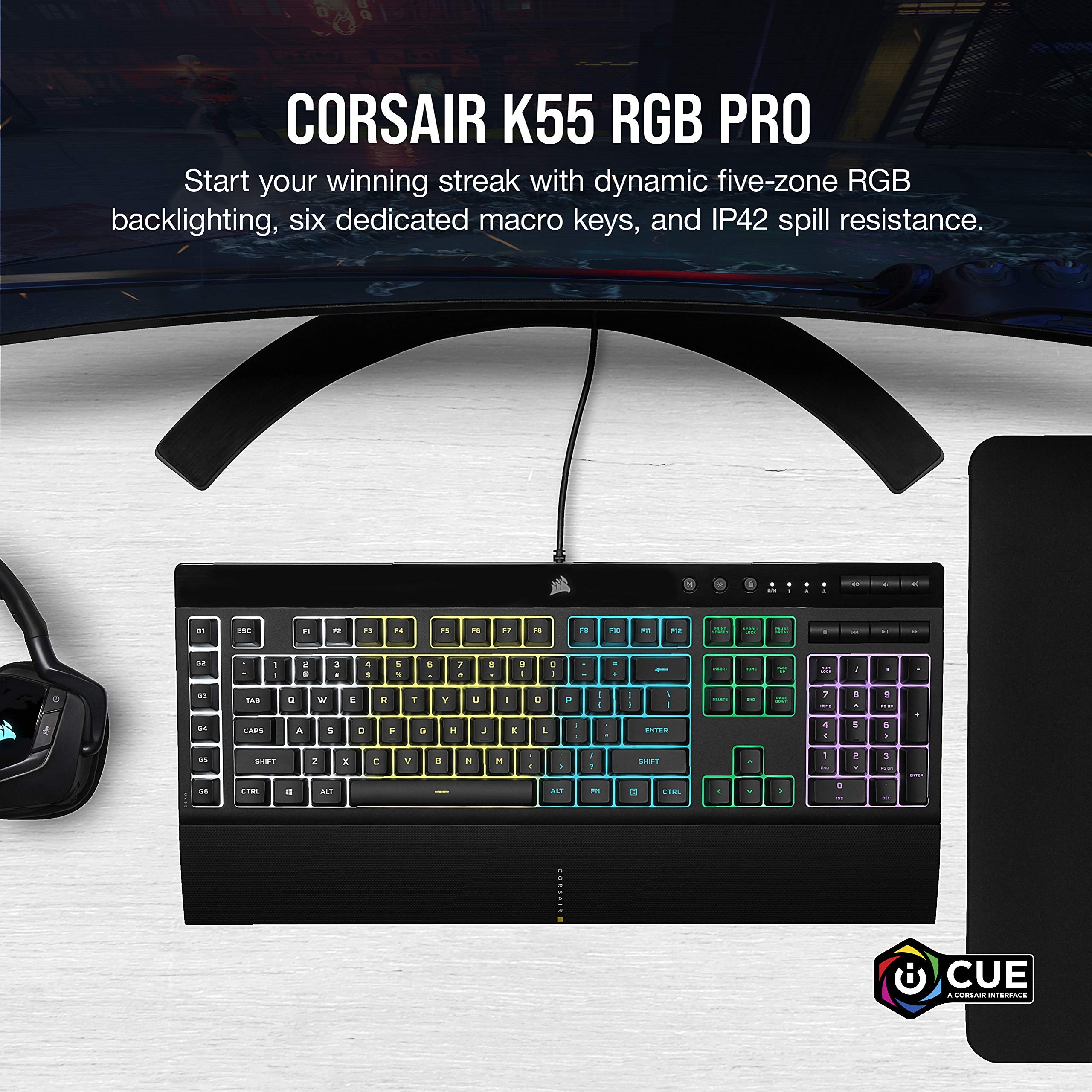 CORSAIR K55 RGB PRO-Dynamic RGB Backlighting - Six Macro Keys with Elgato Stream Deck Software Integration-IP42 Dust and Spill Resistant-Detachable Palm Rest-Dedicated Media and Volume Keys, Black