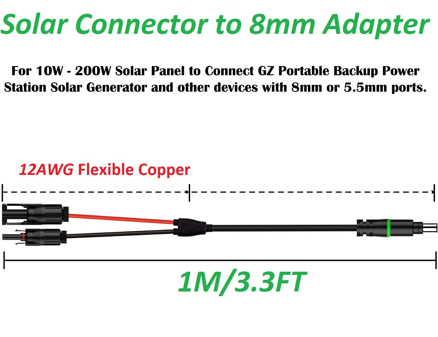 PolyEnergy Solar Connector to 8mmDC Power Plug with DC 5.5x2.1mm Converter Cable 100W 200W Solar Panel Portable Solar Panel for Solar Generator Portable Power Station 12AWG Flexible and Heavy Gauge