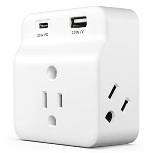 kmc usb-c pd surge protector 3-outlet wall tap, usb-c power delivery charger and usb-a fast charging port, 500j surge protection, wall mountable outlet adapter for home, office, dorm essentials, white