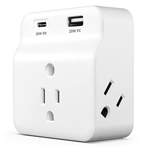 KMC USB-C PD Surge Protector 3-Outlet Wall Tap, USB-C Power Delivery Charger and USB-A Fast Charging Port, 500J Surge Protection, Wall Mountable Outlet Adapter for Home, Office, Dorm Essentials, White