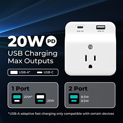 KMC USB-C PD Surge Protector 3-Outlet Wall Tap, USB-C Power Delivery Charger and USB-A Fast Charging Port, 500J Surge Protection, Wall Mountable Outlet Adapter for Home, Office, Dorm Essentials, White