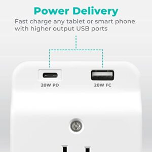 KMC USB-C PD Surge Protector 3-Outlet Wall Tap, USB-C Power Delivery Charger and USB-A Fast Charging Port, 500J Surge Protection, Wall Mountable Outlet Adapter for Home, Office, Dorm Essentials, White