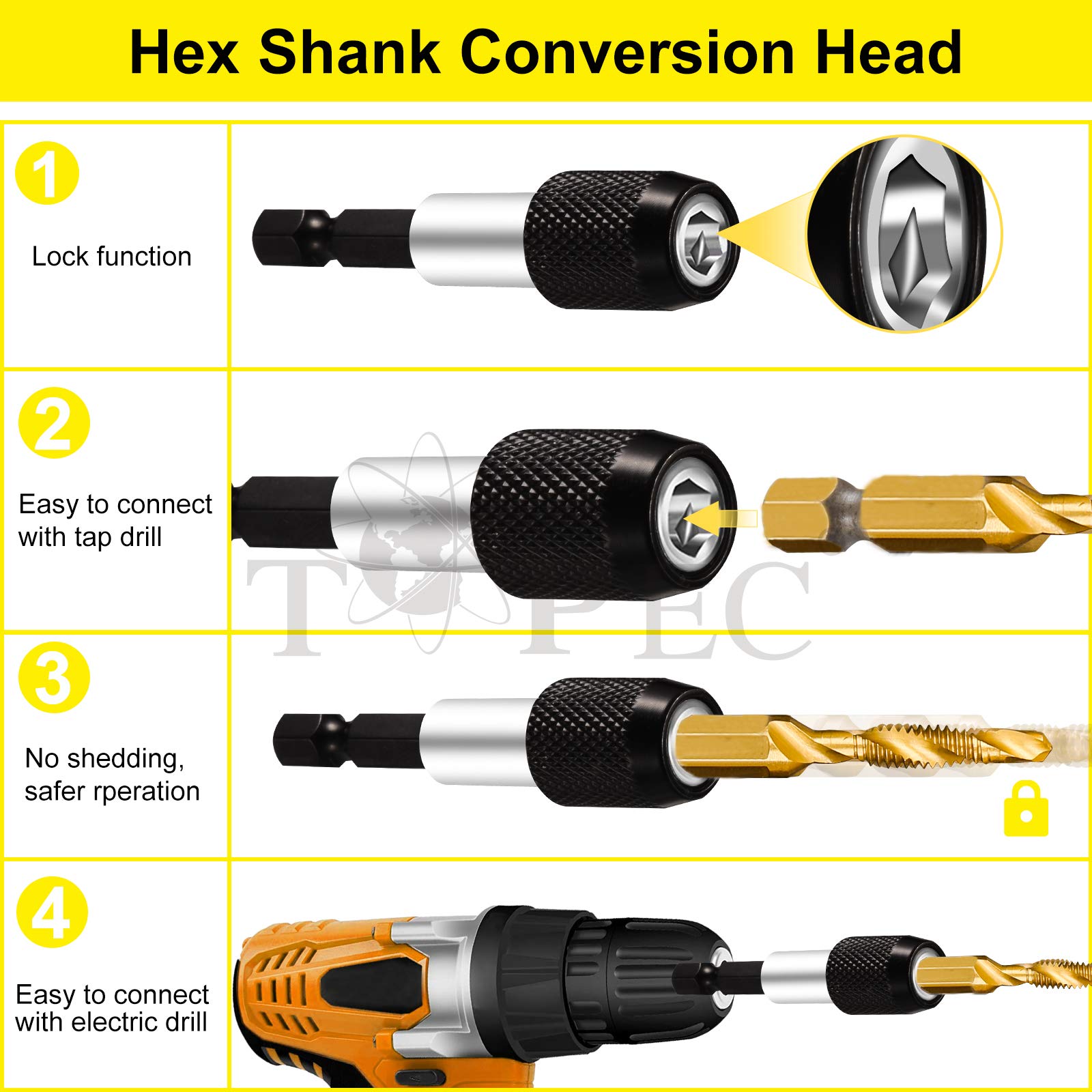 TOPEC Tap Bit Set, 3-in-1 HSS Titanium Coated Drill Tap Combination, 13 PCS SAE/Metric Threading tap Drill bit Set with 1/4 Inch Hex Shank, and Quick-Change Adapter