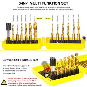 TOPEC Tap Bit Set, 3-in-1 HSS Titanium Coated Drill Tap Combination, 13 PCS SAE/Metric Threading tap Drill bit Set with 1/4 Inch Hex Shank, and Quick-Change Adapter