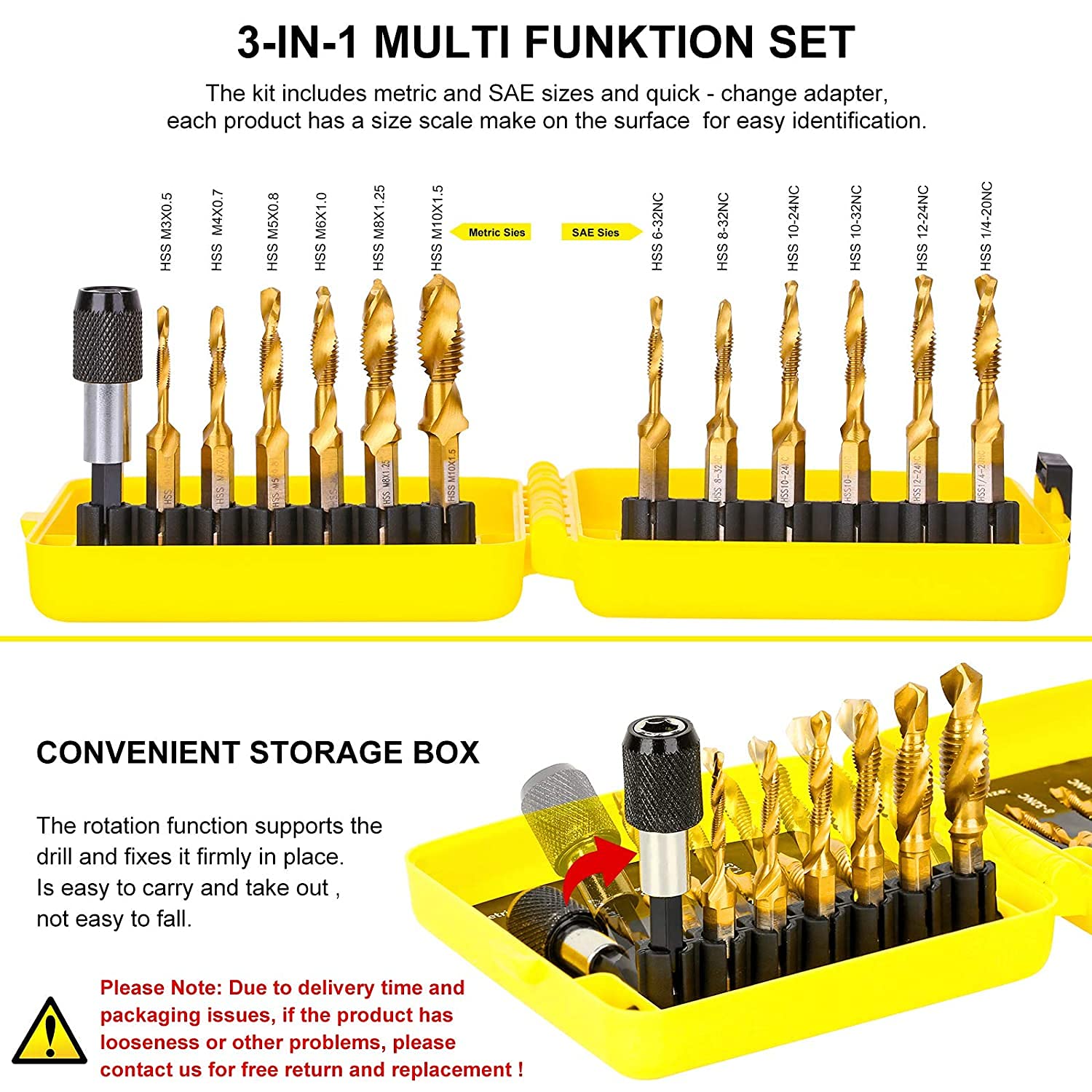 TOPEC Tap Bit Set, 3-in-1 HSS Titanium Coated Drill Tap Combination, 13 PCS SAE/Metric Threading tap Drill bit Set with 1/4 Inch Hex Shank, and Quick-Change Adapter