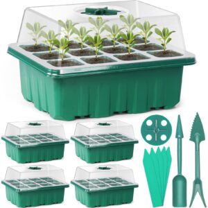 sfee 5 pack seed starter tray kit, 60 cells seedling starter trays with humidity dome and base greenhouse growing trays, reusable seed germination seedling tray with garden tools labels (green)