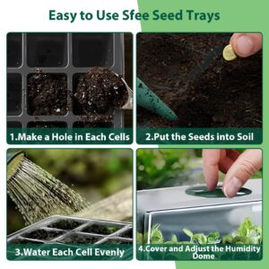 Sfee 5 Pack Seed Starter Tray Kit, 60 Cells Seedling Starter Trays with Humidity Dome and Base Greenhouse Growing Trays, Reusable Seed Germination Seedling Tray with Garden Tools Labels (Green)