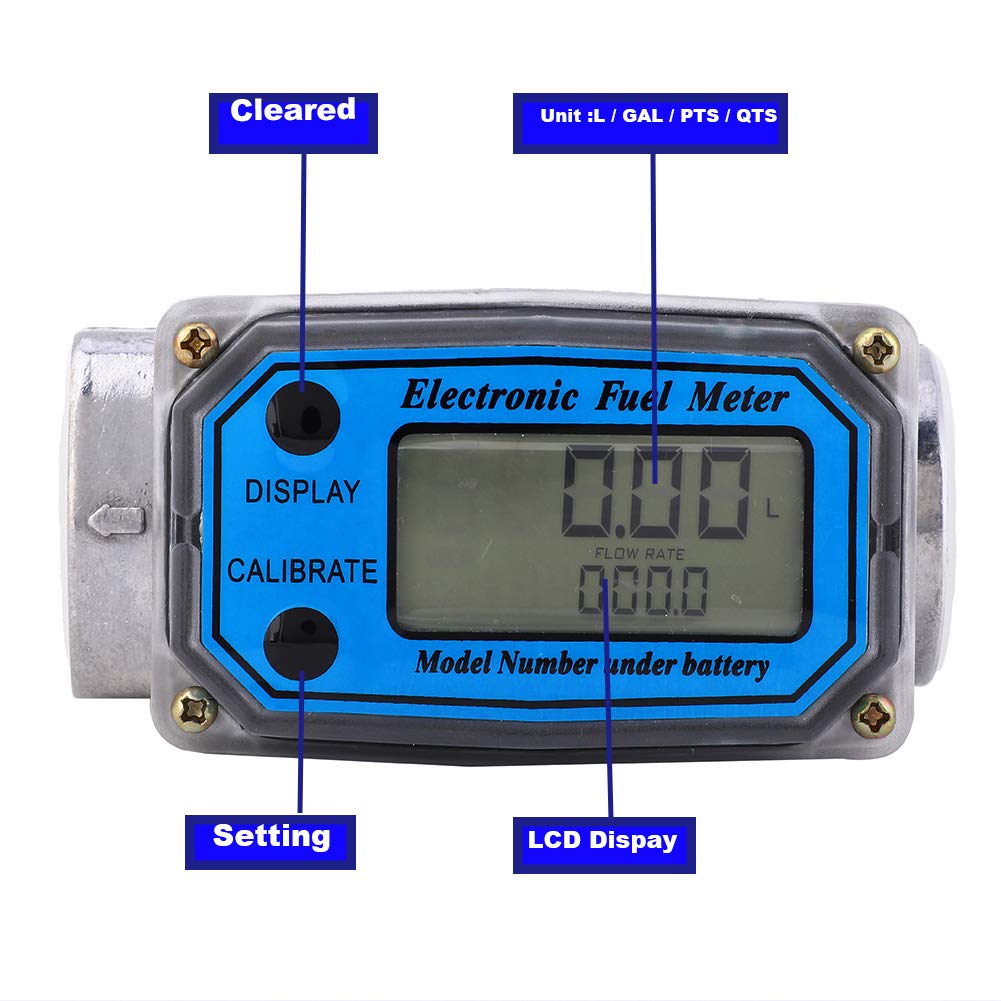 LELUKEE Digital Fuel Turbine Aluminum Flowmeter with LCD Display,1″ FNPT Inlet/Outlet (10-100 LPM)-Unit of Measurement Support L/GAL/PTS/QTS (1inch)