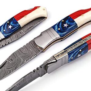 SharpEdge 8.25" Texas Flag Custom Handmade Damascus Steel Blade Pattern Welded Camping and Hunting Pocket Folding Survival Knife with a Genuine Leather Sheath | SW-716 |