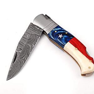 SharpEdge 8.25" Texas Flag Custom Handmade Damascus Steel Blade Pattern Welded Camping and Hunting Pocket Folding Survival Knife with a Genuine Leather Sheath | SW-716 |