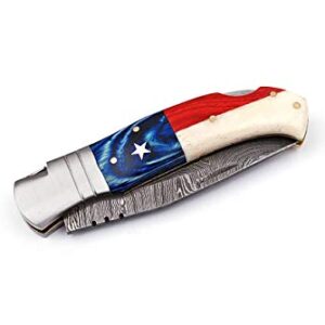 SharpEdge 8.25" Texas Flag Custom Handmade Damascus Steel Blade Pattern Welded Camping and Hunting Pocket Folding Survival Knife with a Genuine Leather Sheath | SW-716 |