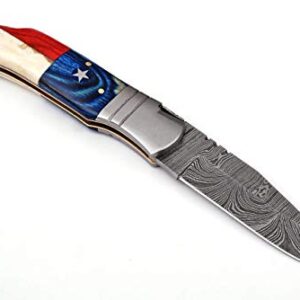 SharpEdge 8.25" Texas Flag Custom Handmade Damascus Steel Blade Pattern Welded Camping and Hunting Pocket Folding Survival Knife with a Genuine Leather Sheath | SW-716 |