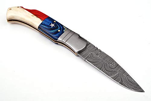 SharpEdge 8.25" Texas Flag Custom Handmade Damascus Steel Blade Pattern Welded Camping and Hunting Pocket Folding Survival Knife with a Genuine Leather Sheath | SW-716 |