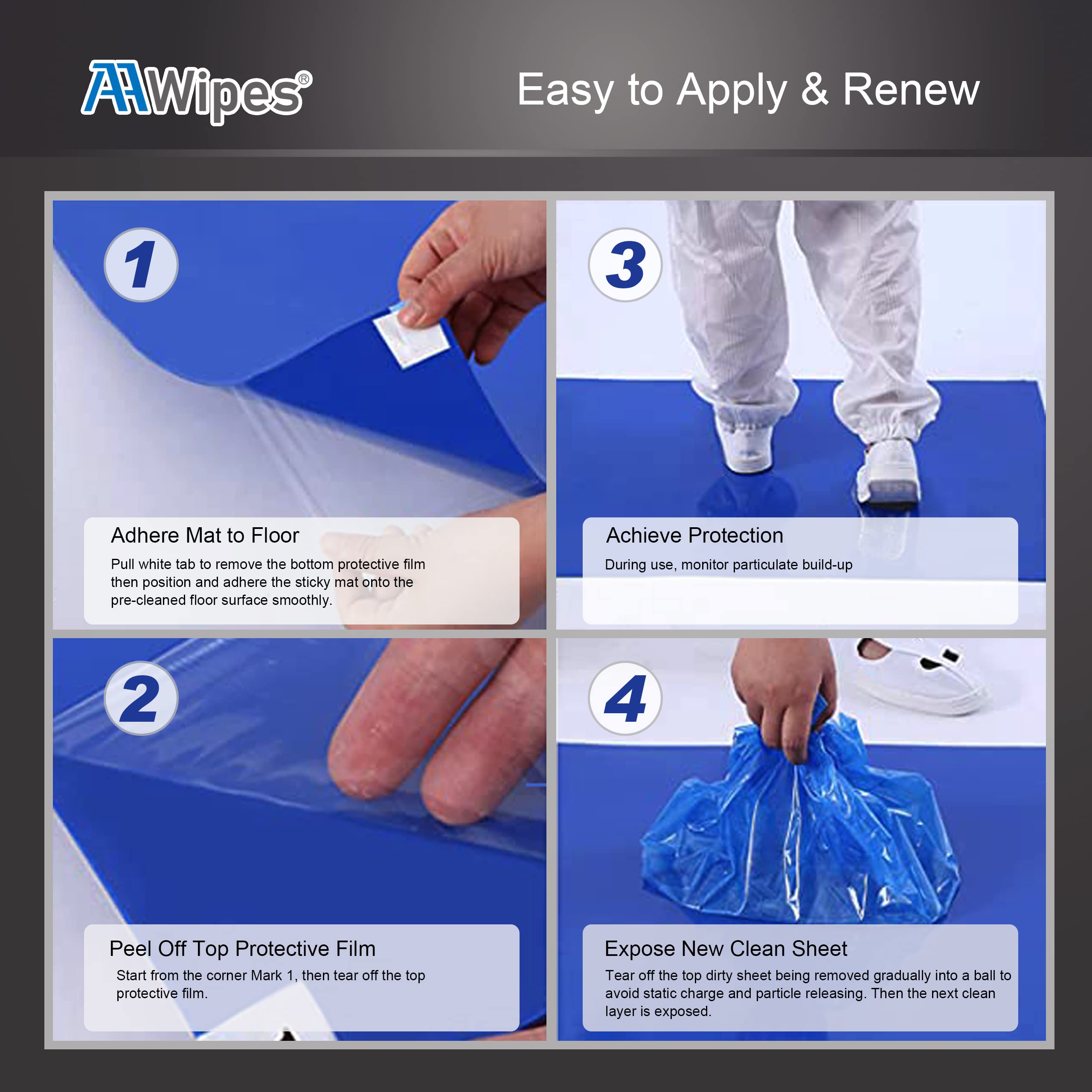 AAwipes Sticky Mats 18" x 36" (Blue, Case of 10 Mats, 30 Sheets/Mat) Cleanroom Sticky Floor Mats Peel Off for Construction, Laboratory, Hospital, Medical Office, Gym, Pet