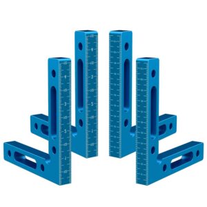 4pcs 90 degree aluminium alloy positioning squares, 4.7" x 4.7" right angle clamps woodworking carpenter tool, corner clamping square for picture frames squares assemble cabinets drawers, blue