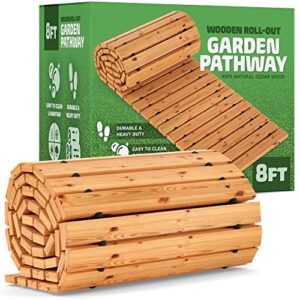 zyppio roll-out garden pathway, 8’ long, straight, weather-resistant walkway for outdoor patios, gardens, beach boardwalks, and wedding party events, natural cedar hardwood