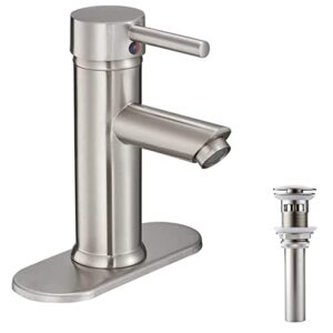 Bathroom Sink Faucet Brushed Nickel Single Hole One Handle Aerator Spout Sink Vanity Bath Lavatory Commercial Basin Faucet with Deck Plate Include PoP Up Drain with Overflow