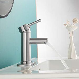 Bathroom Sink Faucet Brushed Nickel Single Hole One Handle Aerator Spout Sink Vanity Bath Lavatory Commercial Basin Faucet with Deck Plate Include PoP Up Drain with Overflow