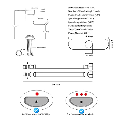 Bathroom Sink Faucet Brushed Nickel Single Hole One Handle Aerator Spout Sink Vanity Bath Lavatory Commercial Basin Faucet with Deck Plate Include PoP Up Drain with Overflow