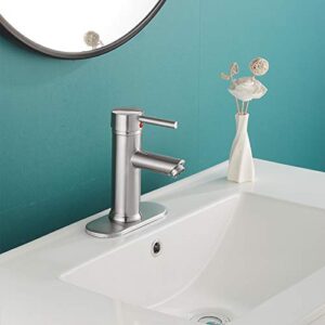 Bathroom Sink Faucet Brushed Nickel Single Hole One Handle Aerator Spout Sink Vanity Bath Lavatory Commercial Basin Faucet with Deck Plate Include PoP Up Drain with Overflow