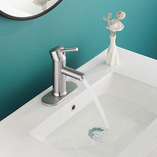 Bathroom Sink Faucet Brushed Nickel Single Hole One Handle Aerator Spout Sink Vanity Bath Lavatory Commercial Basin Faucet with Deck Plate Include PoP Up Drain with Overflow