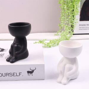 DIYOMR Cute Humanoid Ceramic Planter Pot, 4.3” Black Doll Small Succulent Bonsai Pots Cactus Container Creat Design for Home Office Desktop Decor, Not Include Plants (Black B)