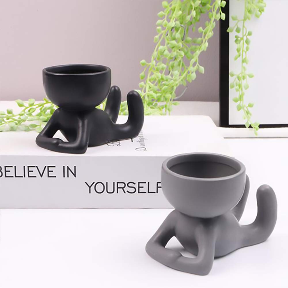 DIYOMR Cute Humanoid Ceramic Planter Pot, 4.3” Black Doll Small Succulent Bonsai Pots Cactus Container Creat Design for Home Office Desktop Decor, Not Include Plants (Black B)