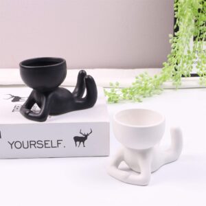 DIYOMR Cute Humanoid Ceramic Planter Pot, 4.3” Black Doll Small Succulent Bonsai Pots Cactus Container Creat Design for Home Office Desktop Decor, Not Include Plants (Black B)