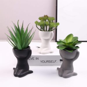 DIYOMR Cute Humanoid Ceramic Planter Pot, 4.3” Black Doll Small Succulent Bonsai Pots Cactus Container Creat Design for Home Office Desktop Decor, Not Include Plants (Black B)