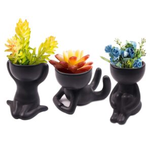 DIYOMR Cute Humanoid Ceramic Planter Pot, 4.3” Black Doll Small Succulent Bonsai Pots Cactus Container Creat Design for Home Office Desktop Decor, Not Include Plants (Black B)