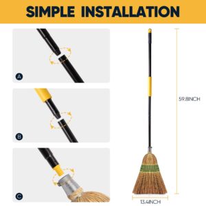 Yocada Heavy-Duty Broom Corn Broom Outdoor Commercial Indoor Perfect for Courtyard Garage Lobby Mall Market Floor Home Office Leaves Stone Dust Rubbish 59.8"