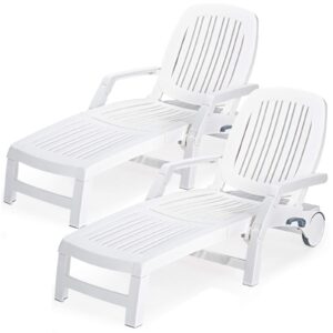 giantex chaise lounge outdoor 6 adjustable backrests lounge chair recliner with wheels for patio, poolside, garden foldable beach sunbathing lounger(2, white)