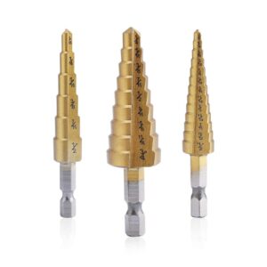 aleric step drill bit set - titanium coated, high speed steel drill cone bits for sheet metal hole drilling cutting, hss multi size hole stepped up unibit for diy lovers,3pcs