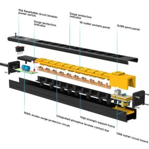 CRST 10-Outlet Heavy Duty Power Strip Surge Protector Metal Power Bar with 2 USB with Long Cord