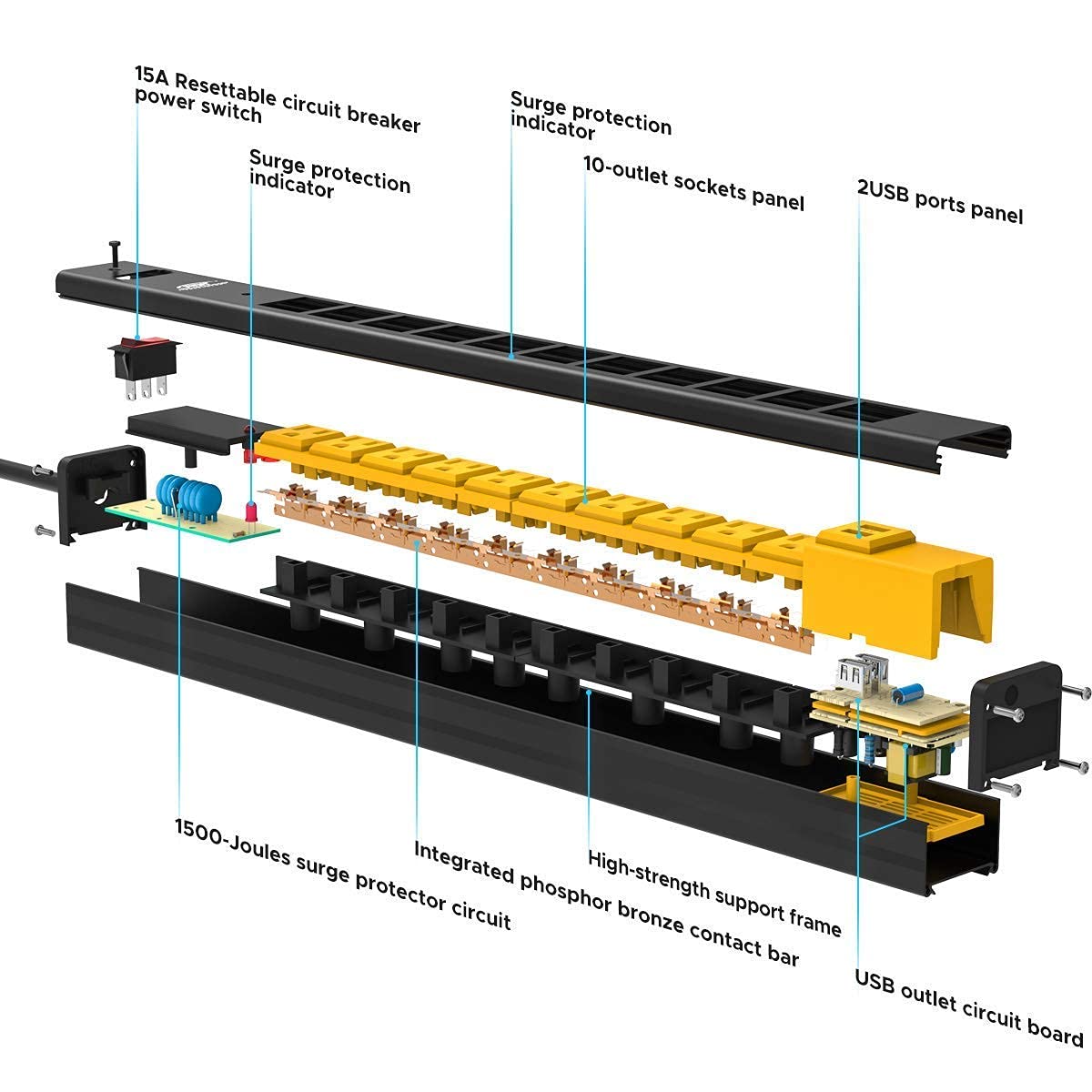 CRST 10-Outlet Heavy Duty Power Strip Surge Protector Metal Power Bar with 2 USB with Long Cord