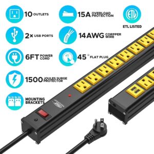 CRST 10-Outlet Heavy Duty Power Strip Surge Protector Metal Power Bar with 2 USB with Long Cord