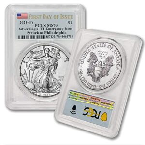 2021 (p) 1 oz american silver eagle ms-70 (struck at philadelphia - t-1 - covid emergency issue - first day of issue - flag label) $1 ms70 pcgs