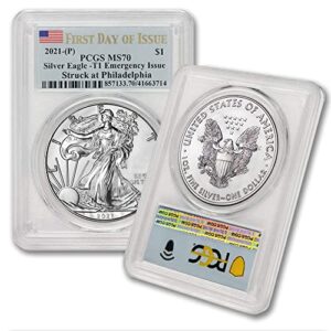 2021 (P) 1 oz American Silver Eagle MS-70 (Struck at Philadelphia - T-1 - Covid Emergency Issue - First Day of Issue - Flag Label) $1 MS70 PCGS