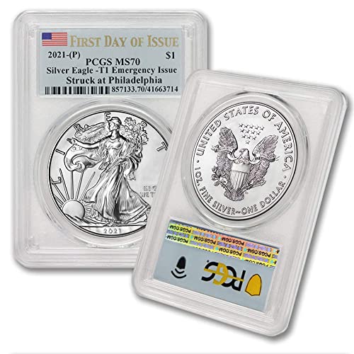 2021 (P) 1 oz American Silver Eagle MS-70 (Struck at Philadelphia - T-1 - Covid Emergency Issue - First Day of Issue - Flag Label) $1 MS70 PCGS