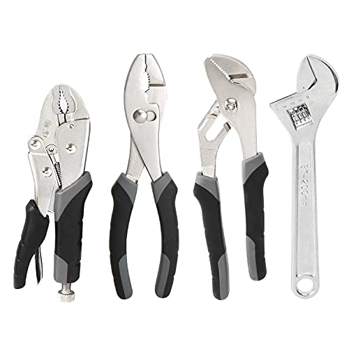 Amazon Basics 4-piece Plier and Wrench Set with 7-Inch Locking Plier, 8-Inch Slip-joint Plier, 8-Inch Groove Joint Plier, and 8-Inch Adjustable Wrench